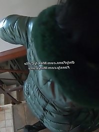 Down jacket fetish with a hot brunette in bed