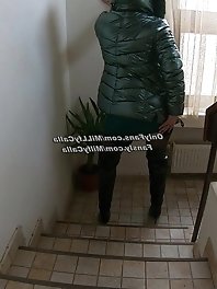 Down jacket erotic with spanking blowjob and masturbation sex in bed